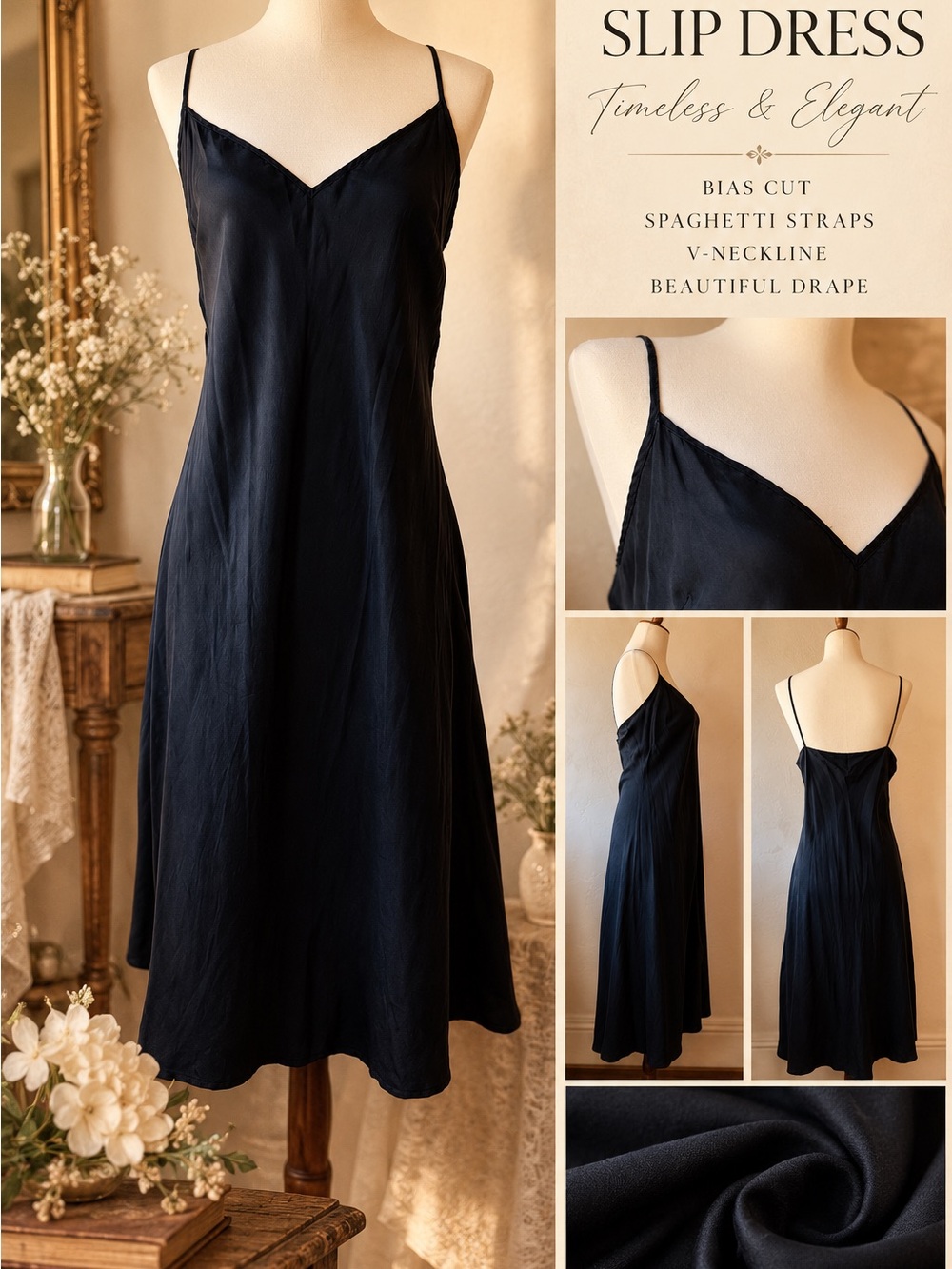 Silk Black Bias-Cut Slip Dress • Draping • Classic Lingerie